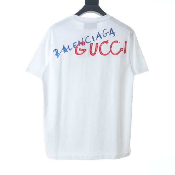 Gucci & Balenciaga joint blue and red embroidered letters short-sleeved T-shirt - Image 9
