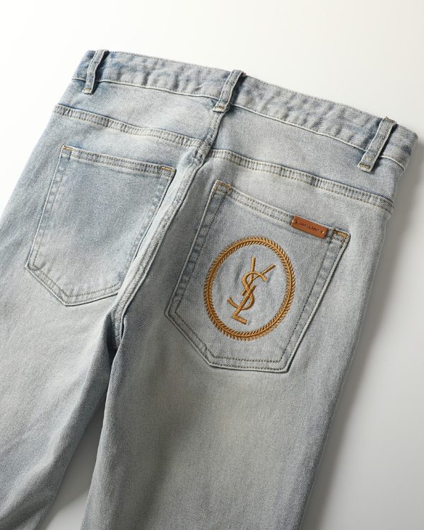YSL Saint Laurent 23SS spring and summer series jeans, small straight design, high-end washing process, elastic fabric, high comfort, creative embroidery LOGO design on the back pocket - Image 4