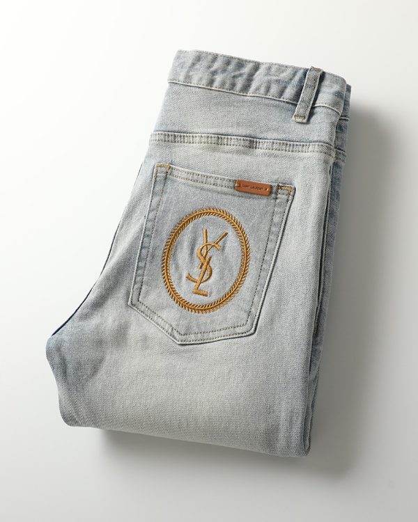 YSL Saint Laurent 23SS spring and summer series jeans, small straight design, high-end washing process, elastic fabric, high comfort, creative embroidery LOGO design on the back pocket - Image 9